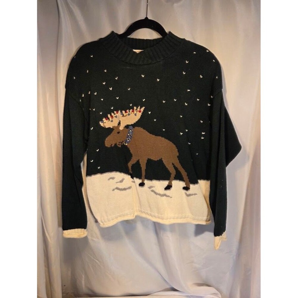 Vintage Christopher & Banks Hand Embroidered Moose Sweater Green Size M